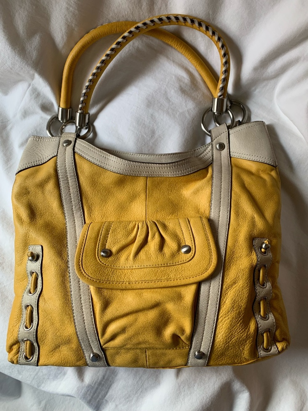 b. Makowsky yellow genuine leather bag/purse with cream trim